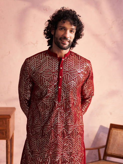 Men's Maroon Georgette Embellished Kurta Patiala Set